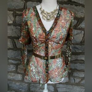 EUC Anthropologie | Odille Silk Sheer Floral Top with Tie Sleeves Size 6